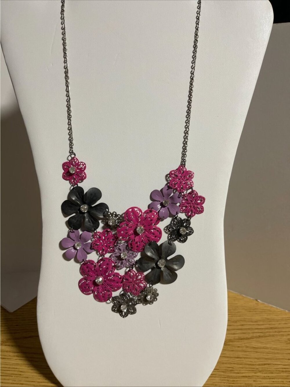 Flower Statement Necklace Pink Purple Black Floral Bib Design Adjustable Chain